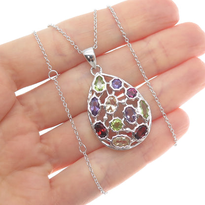 DSMK Sterling Silver Garnet Amethyst Citrine & Peridot Teardrop Necklace 16-18"