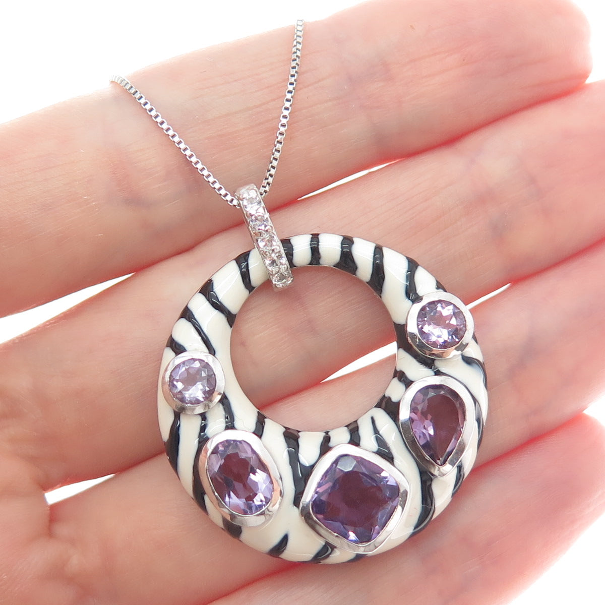 925 Sterling Silver Enamel Amethyst & Topaz Zebra Pattern Box Chain Necklace 18"