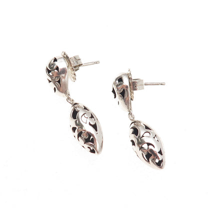 925 Sterling Silver Vintage Modernist Floral Scroll Oxidized Dangle Earrings