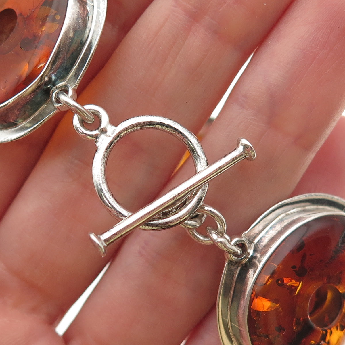 925 Sterling Silver Vintage Real Butterscotch Amber Modernist Bracelet 7"