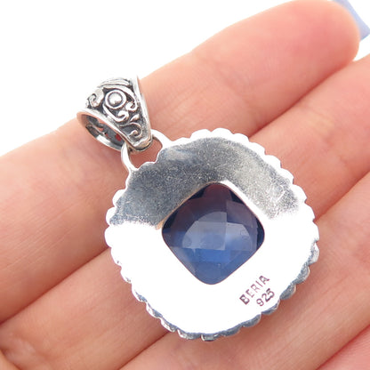 BERIA 925 Sterling Silver Vintage Lab-Created Blue Spinel Dotted Charm Pendant