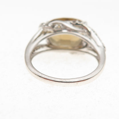 925 Sterling Silver Real Smoky Quartz & White Topaz Ring Size 7.25