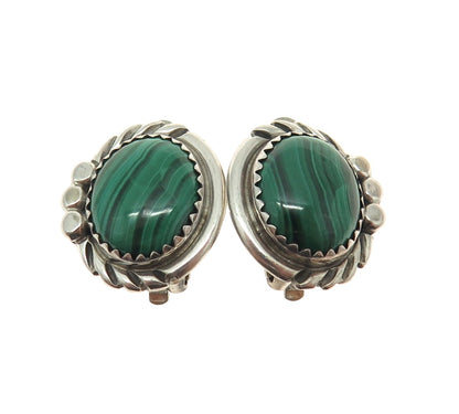 Old Pawn 925 Sterling Silver Vintage Southwestern Malachite Clip On Earrings