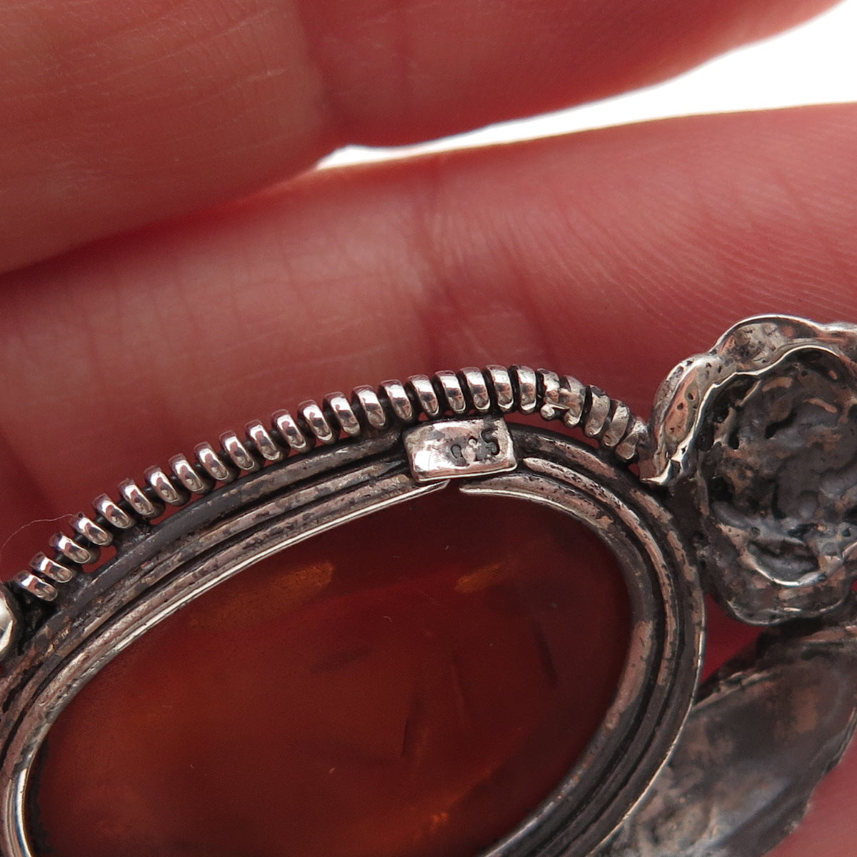 925 Sterling Silver Vintage Real Amber Rose Floral Oxidized Charm Pendant