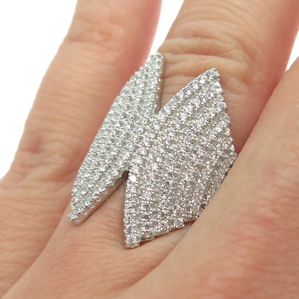 925 Sterling Silver Pave C Z Wings Statement Ring Size 5.25