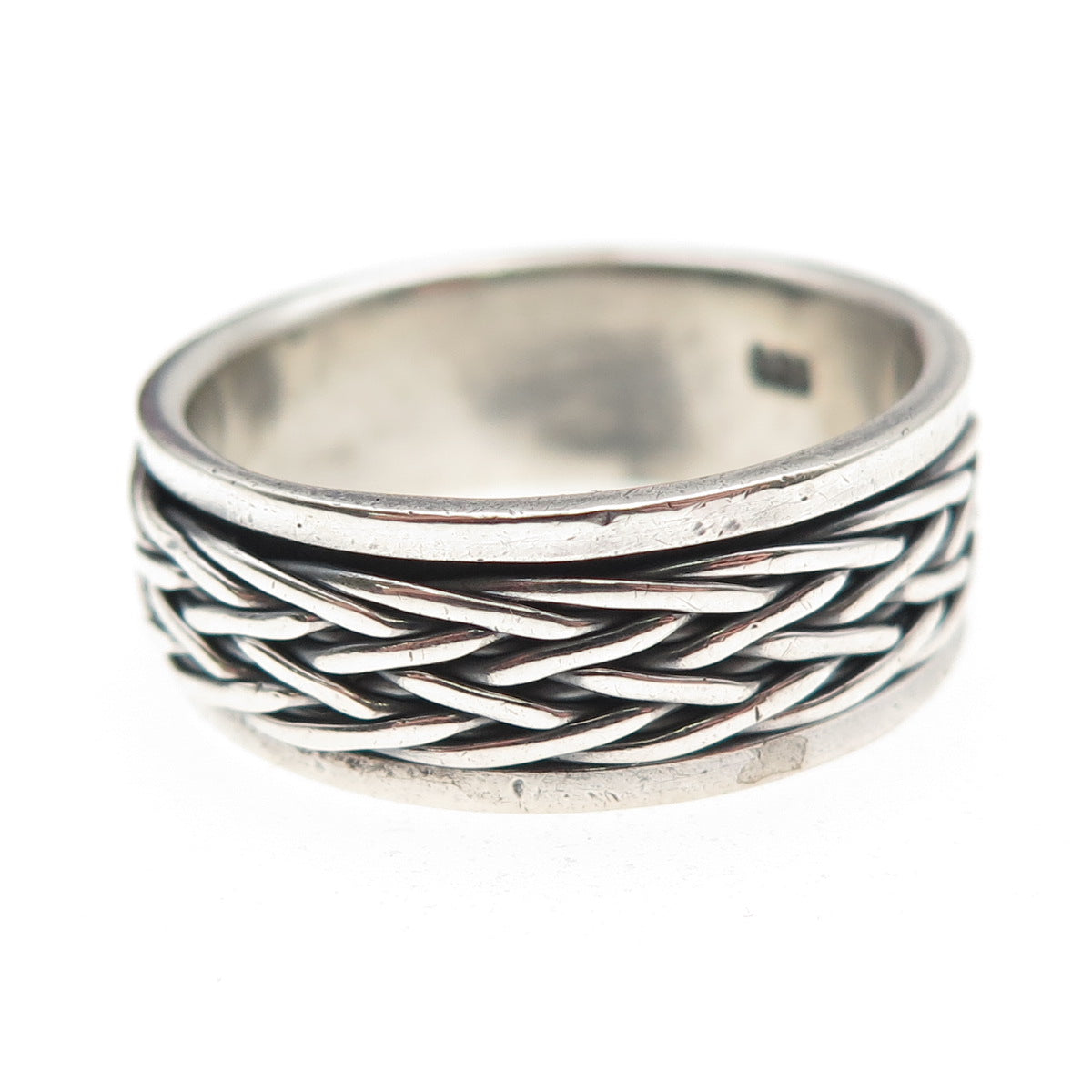 925 Sterling Silver Vintage Braided Oxidized Rotating Band Ring Size 13