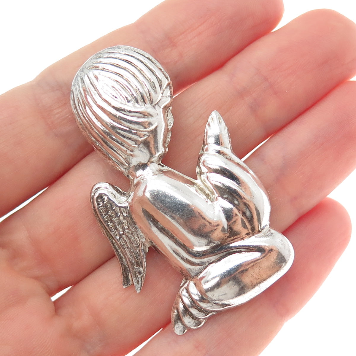 925 Sterling Silver Vintage Praying Angel Oxidized Pin Brooch / Pendant