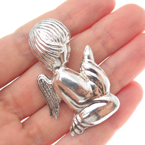 925 Sterling Silver Vintage Praying Angel Oxidized Pin Brooch / Pendant
