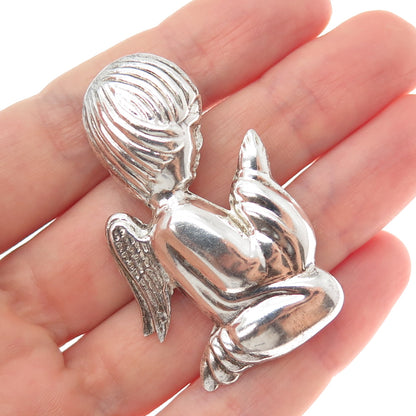 925 Sterling Silver Vintage Praying Angel Oxidized Pin Brooch / Pendant