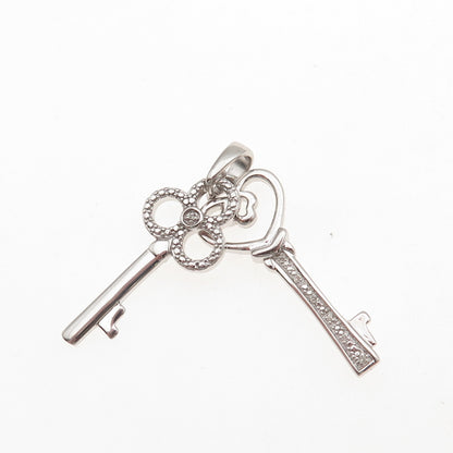 925 Sterling Silver Real Round-Cut Diamond Heart & Club Key Charm Pendant