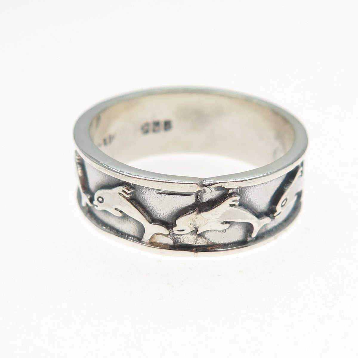 925 Sterling Silver Vintage Mexico Dolphin Oxidized Band Ring Size 10.5
