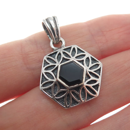 925 Sterling Silver Vintage Real Black Onyx Flower Hexagon Mini Charm Pendant
