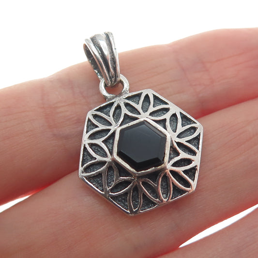 925 Sterling Silver Vintage Real Black Onyx Flower Hexagon Mini Charm Pendant