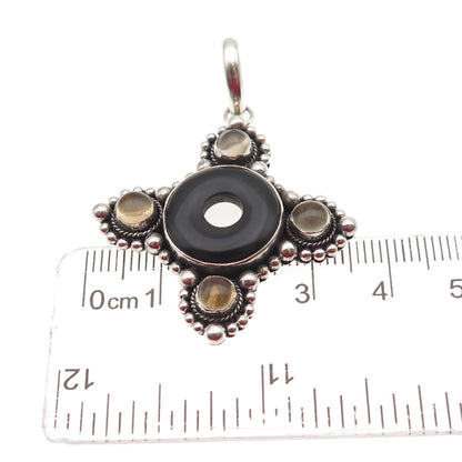 925 Sterling Silver Vintage Real Black Onyx & Citrine Modernist Cross Pendant