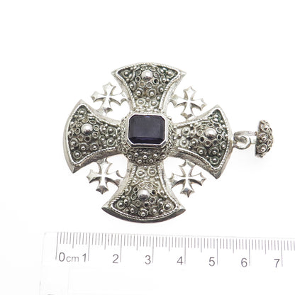 925 Sterling Silver Vintage Lab-Created Sapphire Jerusalem Cross Pendant