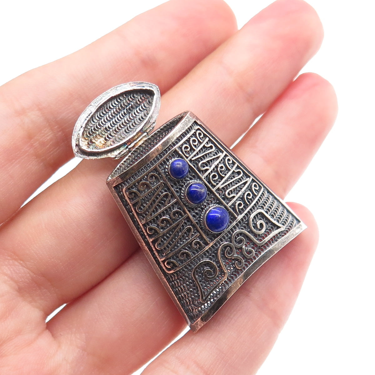 925 Sterling Silver Antique Real Lapis Chatelaine Filigree Box Oxidized Pendant