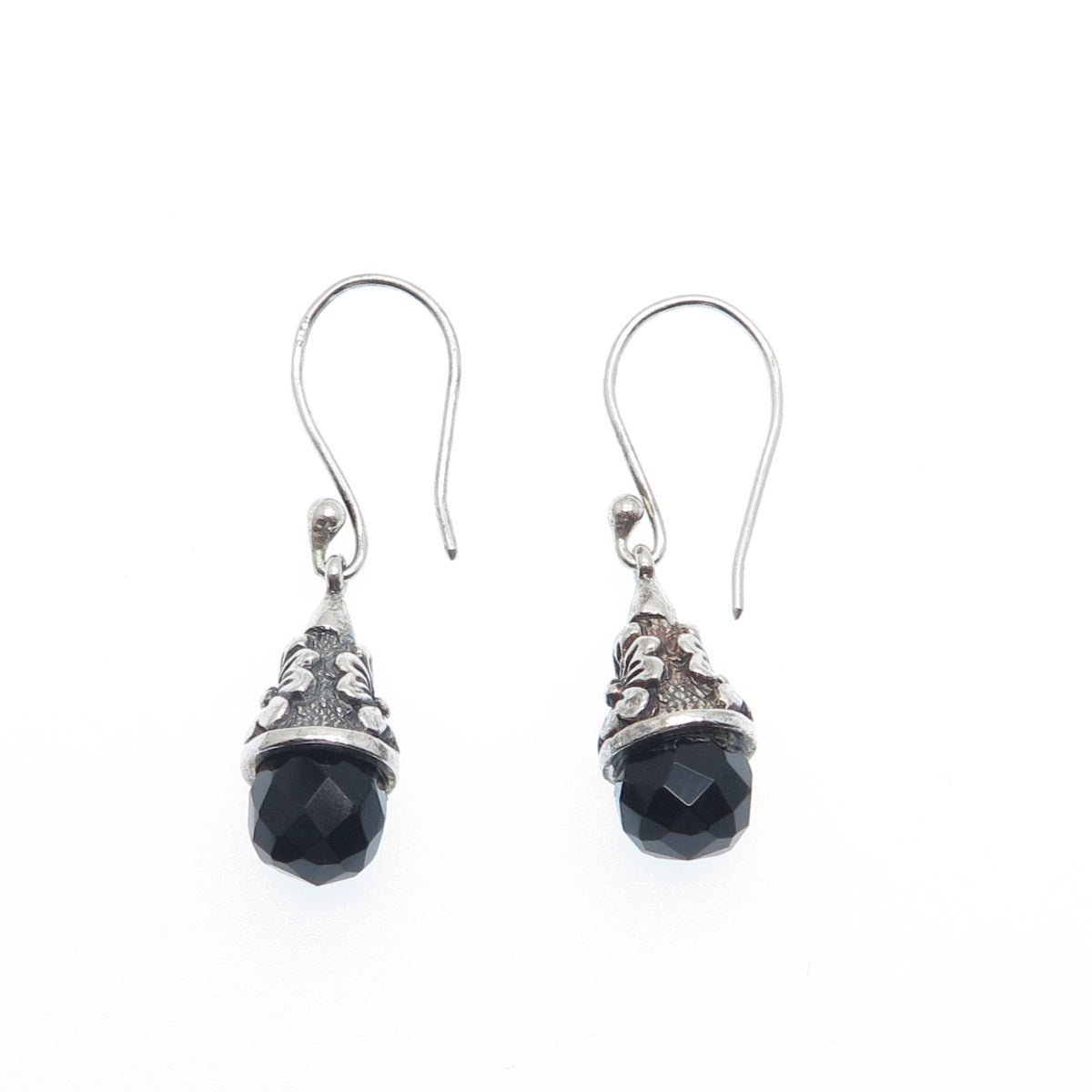 925 Sterling Silver Vintage Real Black Spinel Gemstone Floral Dangle Earrings