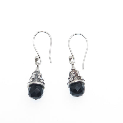 925 Sterling Silver Vintage Real Black Spinel Gemstone Floral Dangle Earrings