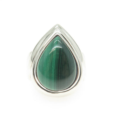 925 Sterling Silver Vintage Real Malachite Teardrop Ring Size 9.25