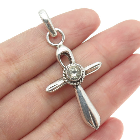 925 Sterling Silver Vintage Real White Topaz Gemstone Cross Pendant