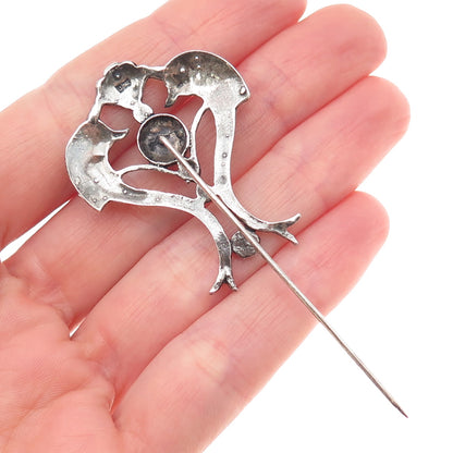 925 Sterling Silver Vintage Dolphin Heart Oxidized Lapel Pin