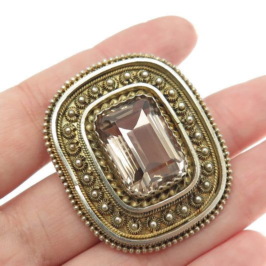 935 Silver Gold Plated Vintage Israel Smoky Quartz Cannetille Brooch / Pendant