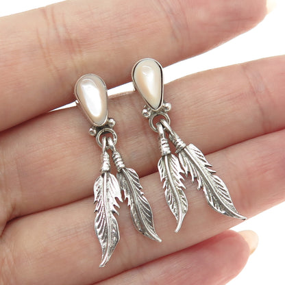 925 Sterling Silver Vintage Southwestern Mother-of-Pearl Ethnic Feather Earrings