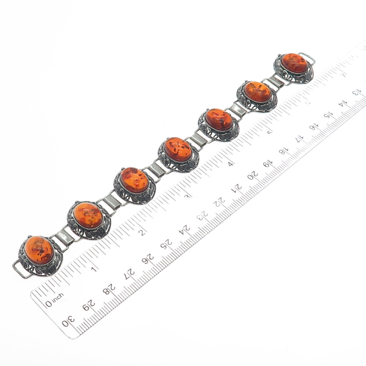 925 Sterling Silver Vintage Amber Floral Oxidized Bracelet 6.5" (missing lock)
