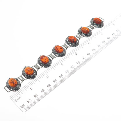 925 Sterling Silver Vintage Amber Floral Oxidized Bracelet 6.5" (missing lock)