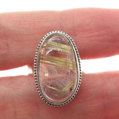 925 Sterling Silver Vintage Real Cabochon Rutilated Quartz Swirl Ring Size 6.25