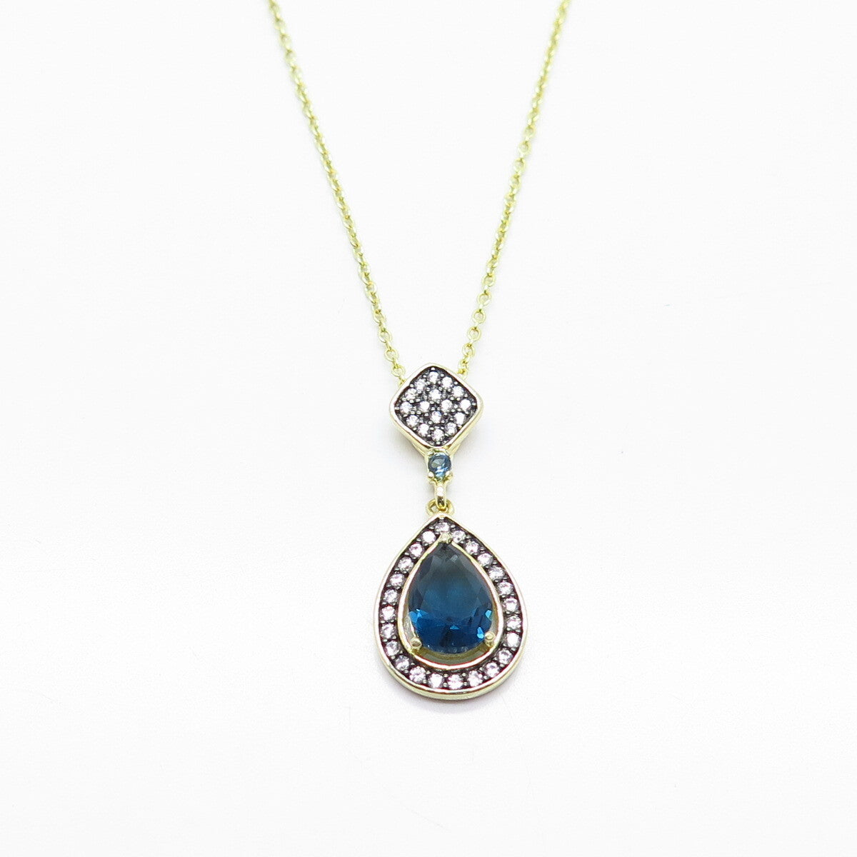 925 Sterling Silver Gold Plated White & Blue C Z Rolo Chain Necklace 18"