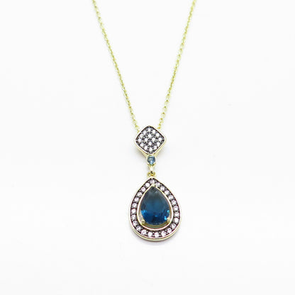 925 Sterling Silver Gold Plated White & Blue C Z Rolo Chain Necklace 18"