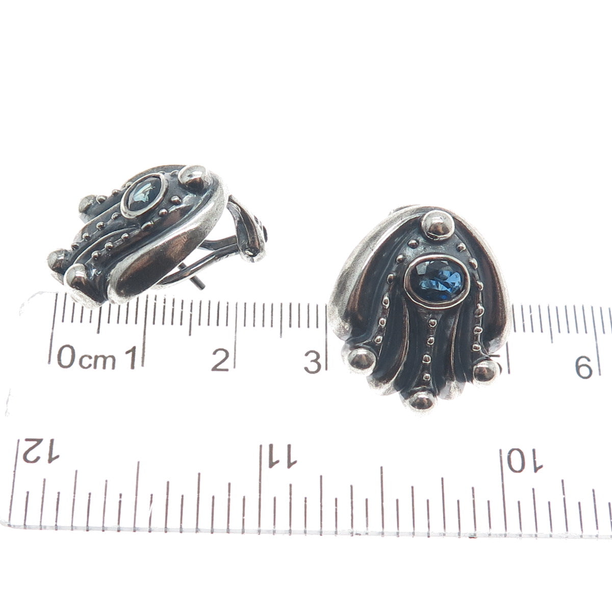 925 Sterling Silver Vintage Real Sapphire Modernist Oxidized Omega Back Earrings