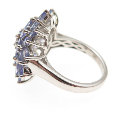 D'Joy 925 Sterling Silver Real Marquise & Oval-Cut Tanzanite Floral Ring Size 8