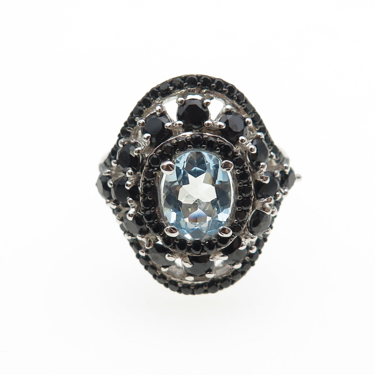 925 Sterling Silver Real Aquamarine & Black Spinel Ring Size 7.25