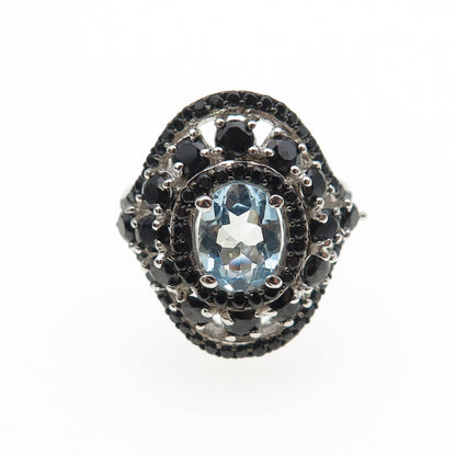925 Sterling Silver Real Aquamarine & Black Spinel Ring Size 7.25