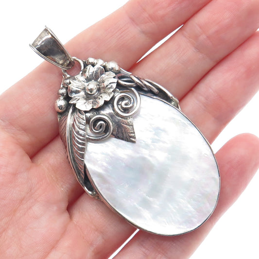 MERAV 925 Sterling Silver Vintage Real MOP Feather Flower Oxidized Pendant