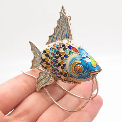 925 Sterling Silver Enamel Antique Articulated Chinese Koi Fish Fob / Pendant