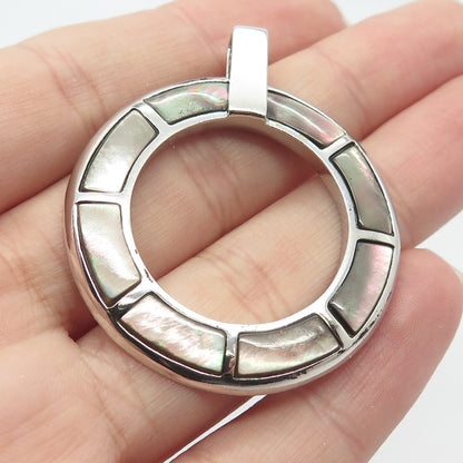 925 Sterling Silver Vintage VAR Real Abalone Shell Open Circle Pendant