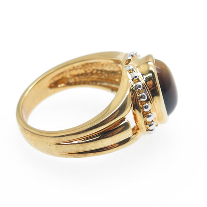 ROSS SIMONS 925 Sterling Silver Gold Plated Real Tiger Eye Beaded Ring Size 6
