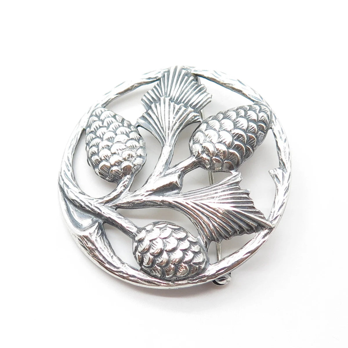 925 Sterling Silver Vintage Thistle Floral For Good Luck Pin Brooch