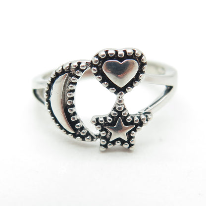 925 Sterling Silver Vintage Crescent Star & Heart Ring Size 6.25