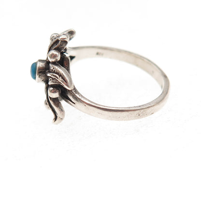 925 Sterling Silver Vintage Real Turquoise Lily Flower Oxidized Ring Size 6.25