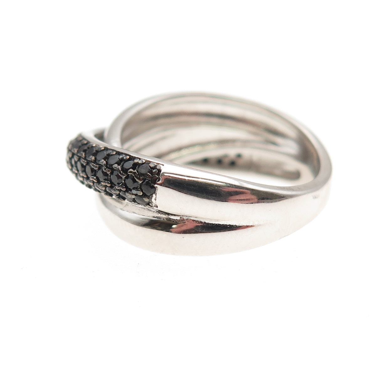 925 Sterling Silver Real Round-Cut Black Spinel Crisscross Ring Size 6.25