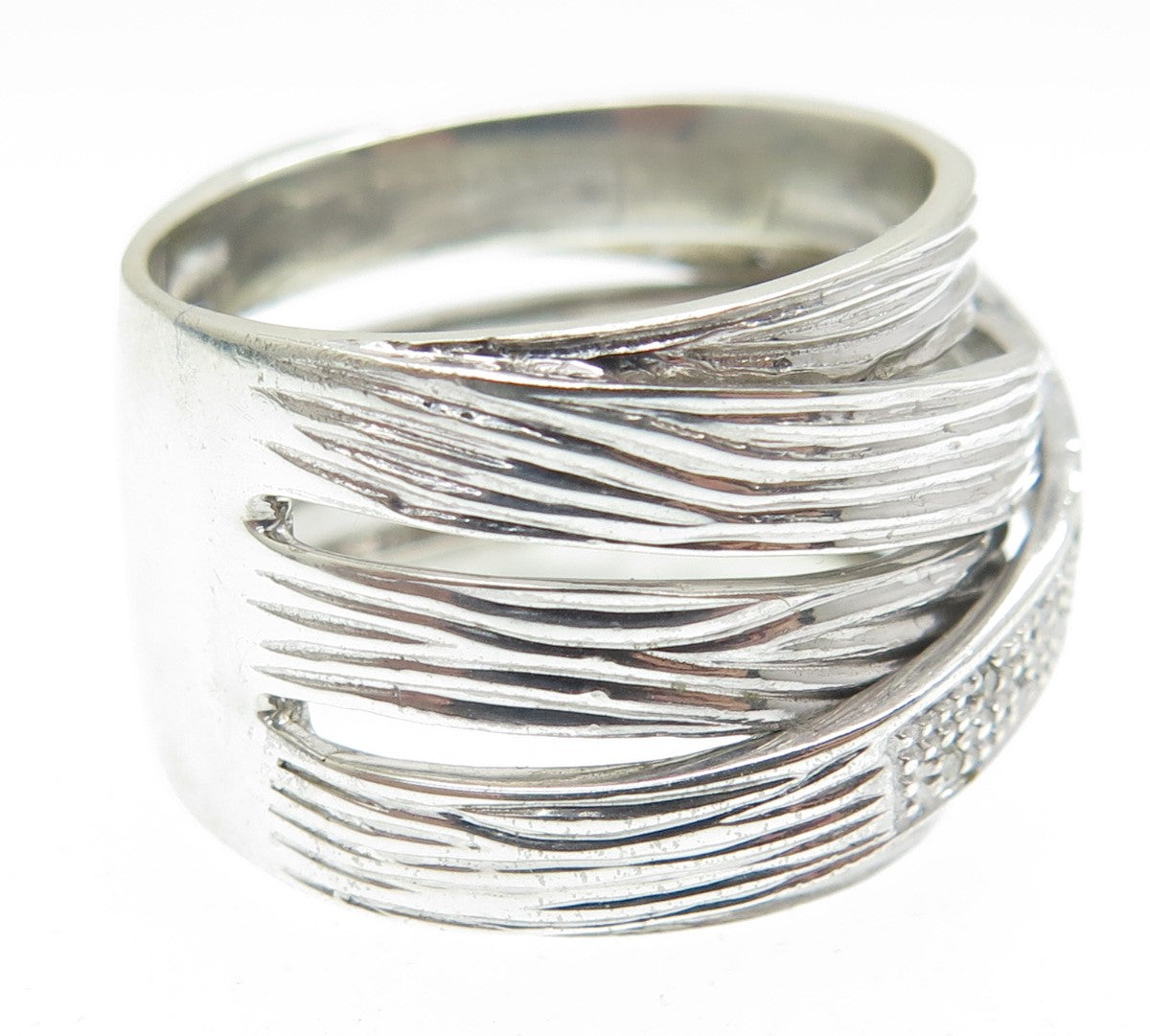 925 Sterling Silver Real Round-Cut Diamond Crisscross Ring Size 9.5