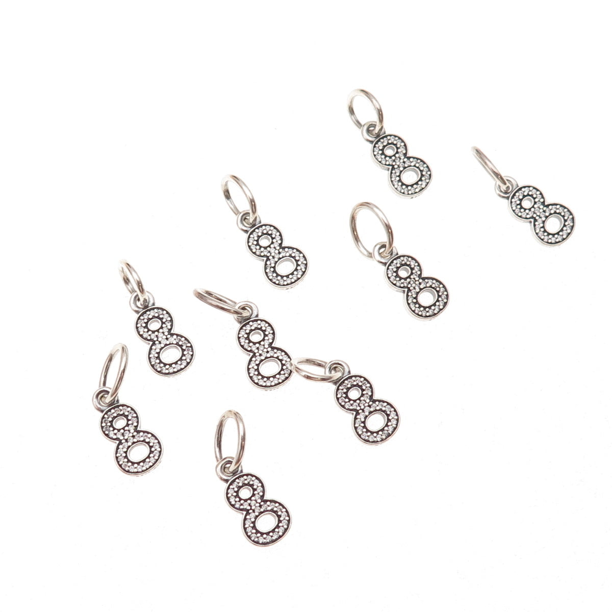 Pandora 925 Sterling Silver C Z Lucky Number 8 SET of 9 Charm Pendants