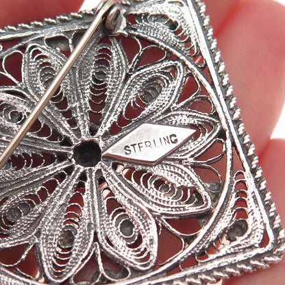 925 Sterling Silver Vintage Cannetille Filigree Oxidized Pin Brooch