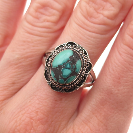 925 Sterling Silver Vintage Real Turquoise Floral Oxidized Ring Size 8