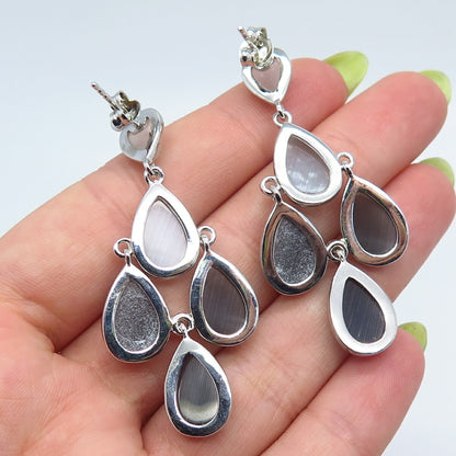 925 Sterling Silver Fiber Optic Cat's Eye Gem Teardrop Chandelier Earrings