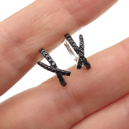 925 Sterling Silver Round-Cut Black C Z Crisscross Hoop Earrings